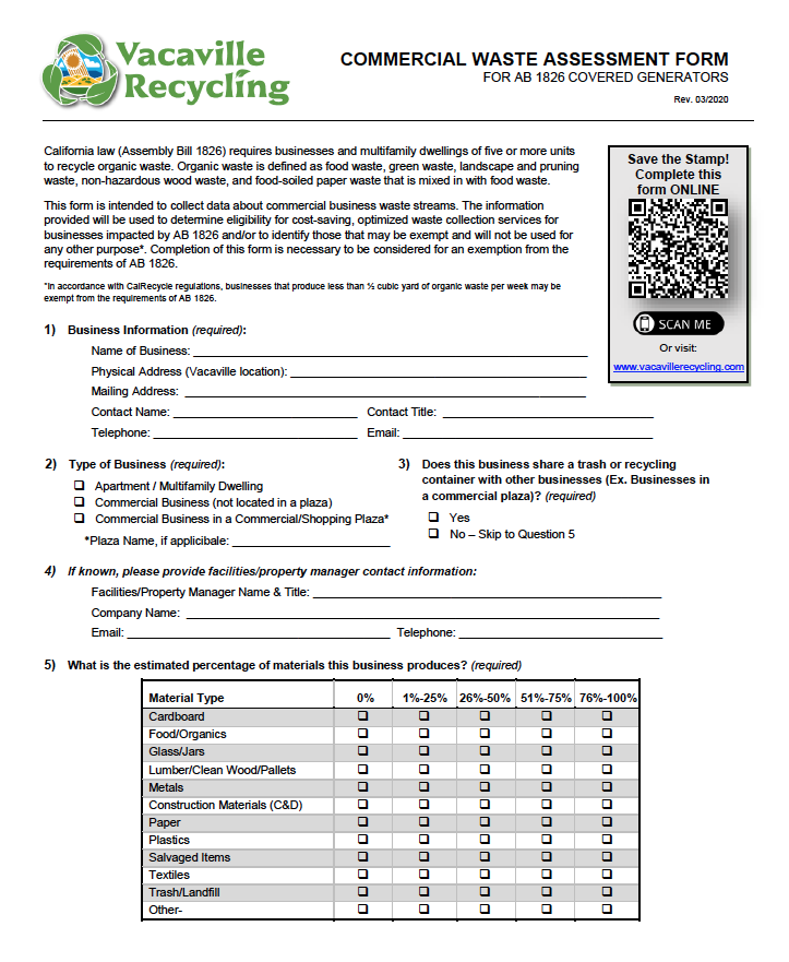 BUSINESSES Complete Your Waste Assessment Form Today! Vacaville